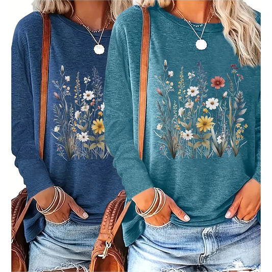 Flowers Graphic Long Sleeve Tees Shirts For Women null