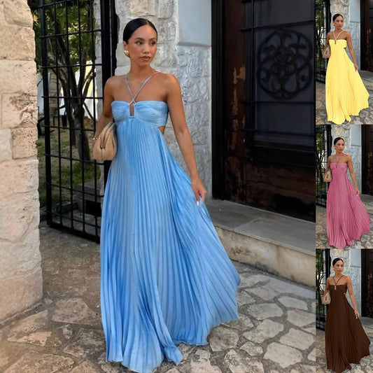 Ins Pleated Sleeveless Sling Dress Hollow High Waist Halter Robe Dresses For Evening Party Club Clothing Women null