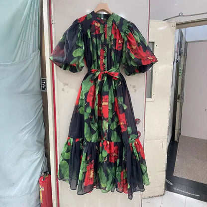 Bubble Sleeve Single-breasted Retro Printed Dress null