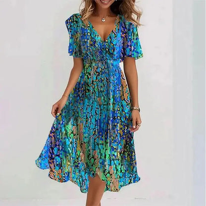 Flowers Printed V-neck Dress Summer A-line Short-sleeved Dresses For Women null