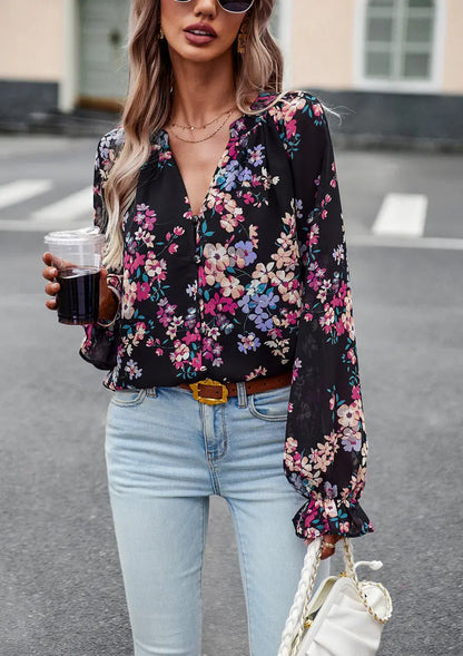 Women's Tops Casual Floral Print V Neck Long Sleeve Shirts Loose Chiffon Blouses Shirts Tops null