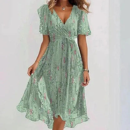 Flowers Printed V-neck Dress Summer A-line Short-sleeved Dresses For Women null