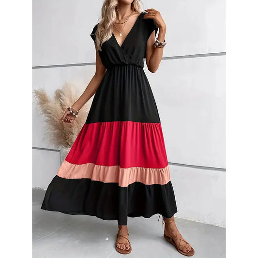 Women's Color Block Maxi Dresses V Neck Sleeveless Tiered Casual Dresses Loose Sundress null