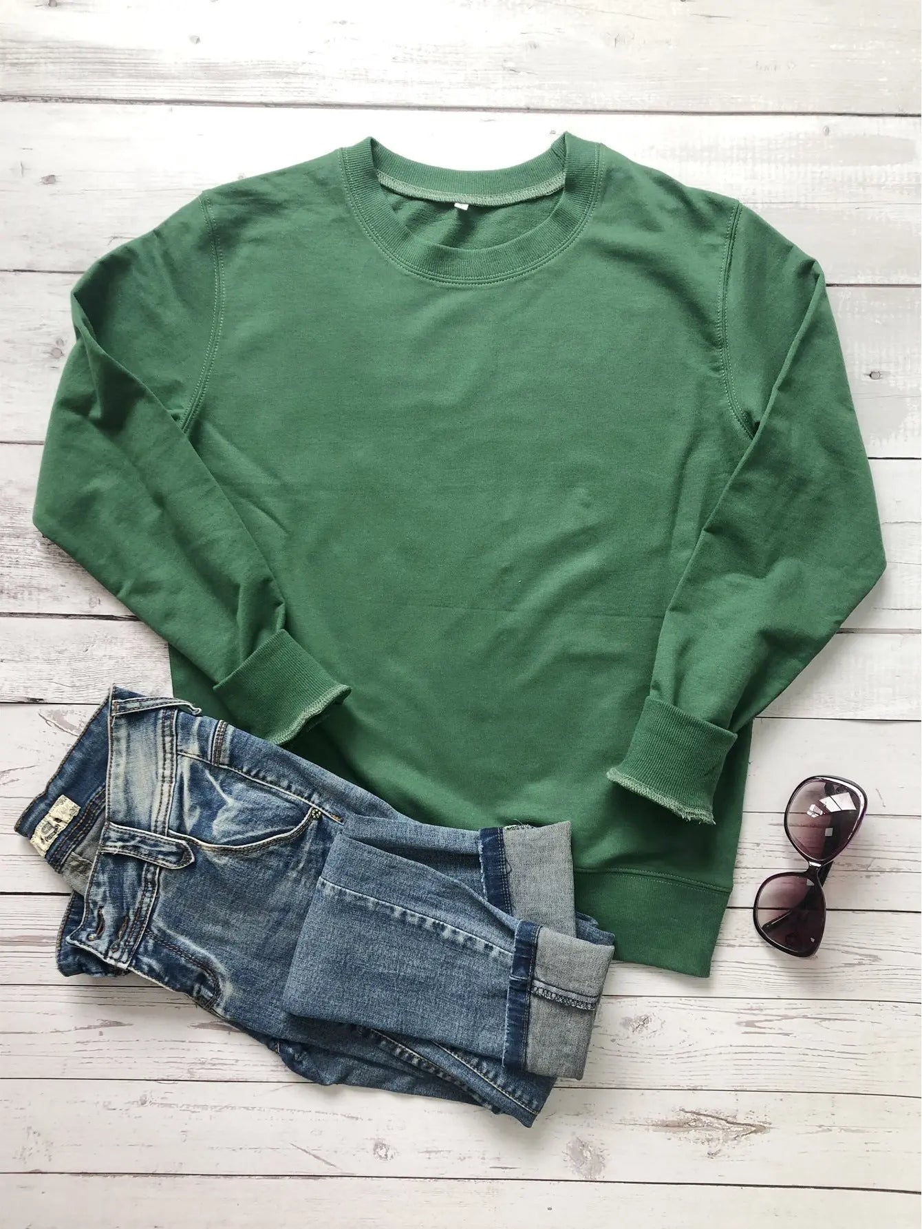Round Neck Cotton Sweatshirt - Nadastore womens fashion