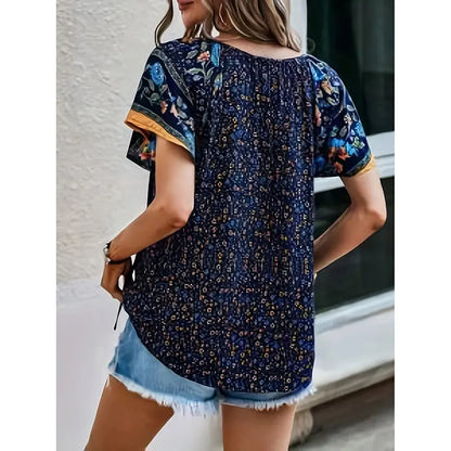 Women's Casual Short Sleeve Shirts Summer Boho Printed V Neck Drawstring Tunic Blouses null