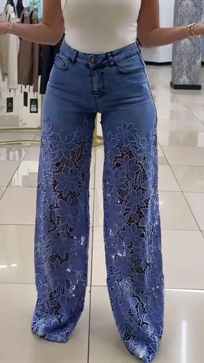 Y2K Lace Flowers Hollow Jeans Fashion High Waist Straight Wide Leg Pants Solid Color Trousers Women's Clothing null