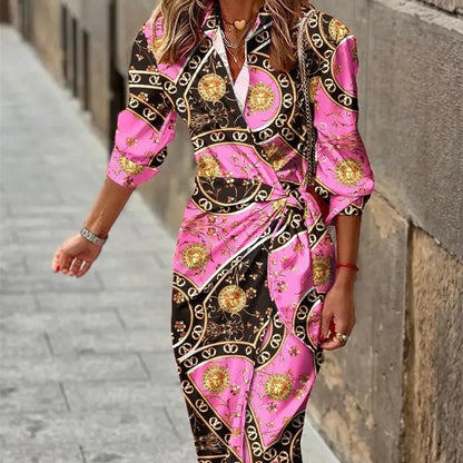 Fashion Printed Shirt Dress With Belt Slim Fit Three-quarter Sleeve Lapel Dress For Women Clothing - Nadastore Fashion Printed Shirt Dress With Belt Slim Fit Three-quarter Sleeve Lapel Dress For Women Clothing