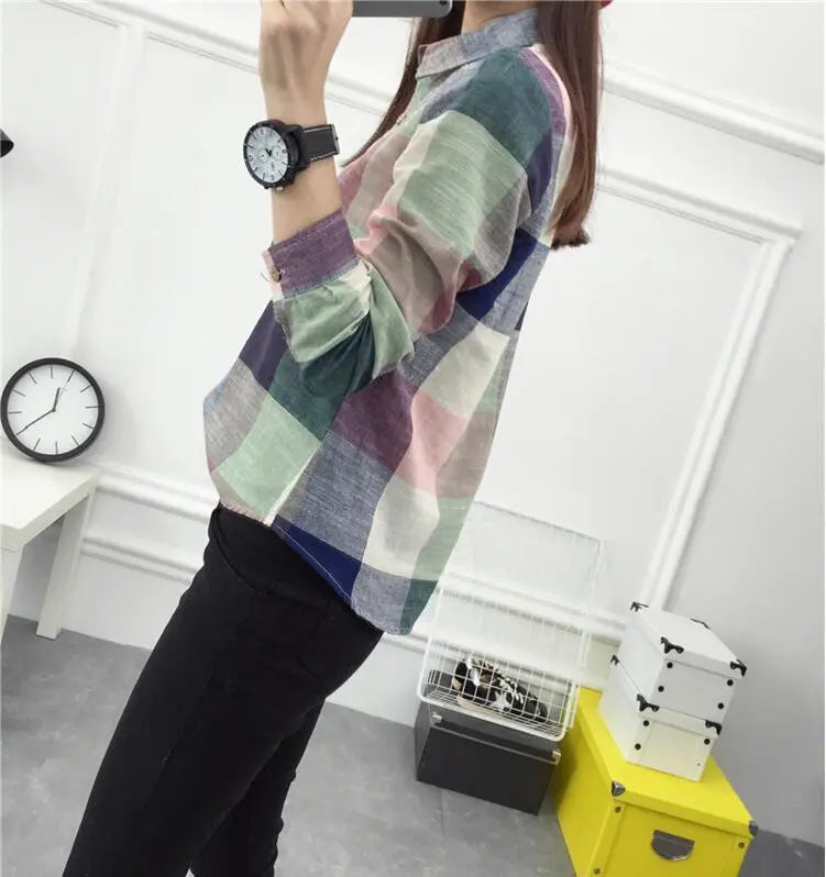 asual Plaid Women Blouses Kimono Vintage Linen Cotton Long Sleeve Blouse Female Shirts Tops null