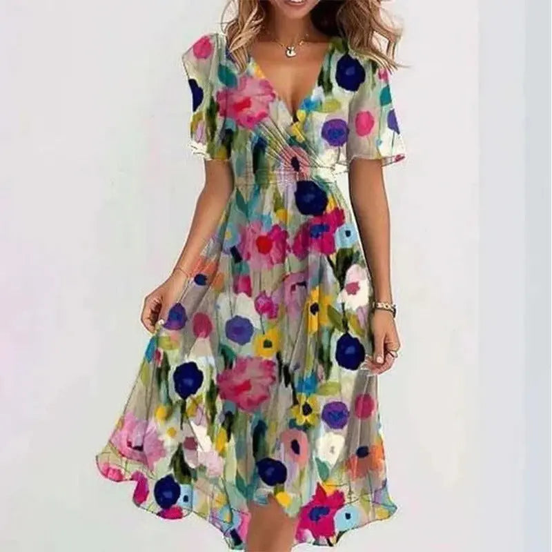 Flowers Printed V-neck Dress Summer A-line Short-sleeved Dresses For Women null