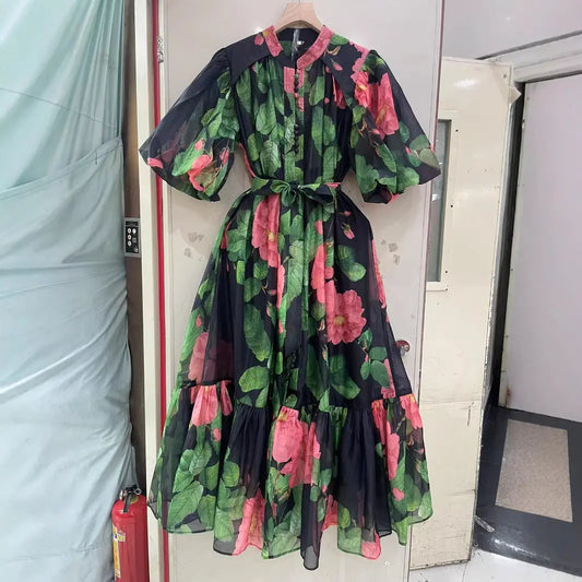 Bubble Sleeve Single-breasted Retro Printed Dress null