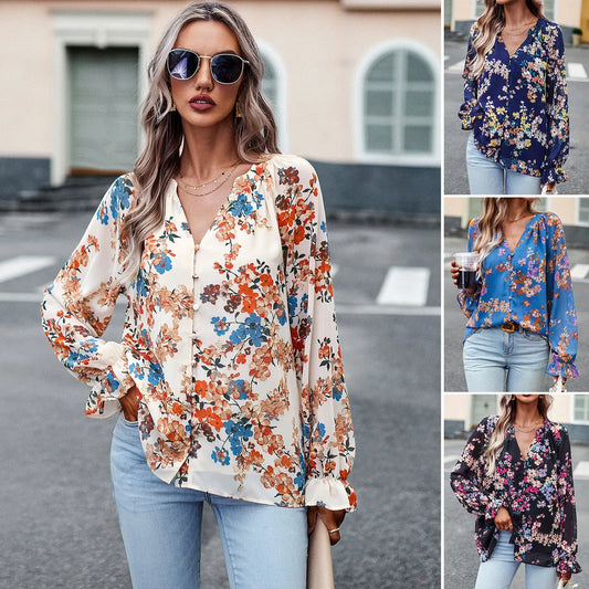 Women's Tops Casual Floral Print V Neck Long Sleeve Shirts Loose Chiffon Blouses Shirts Tops null