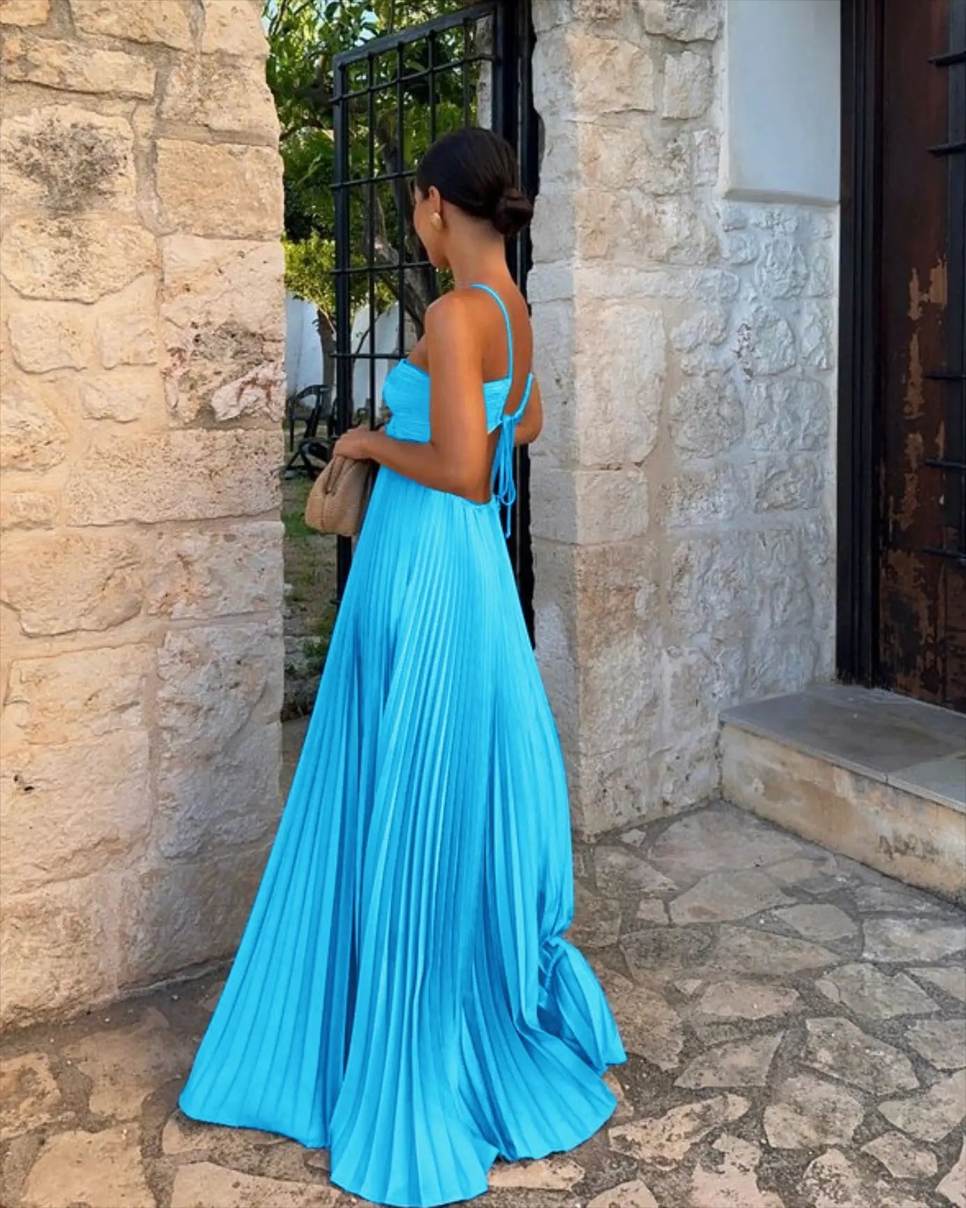 Ins Pleated Sleeveless Sling Dress Hollow High Waist Halter Robe Dresses For Evening Party Club Clothing Women null