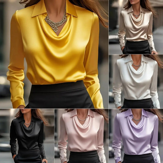 Women's Swing Collar Draped Shirts & Blouses Elegant Solid Satin Office Ladies Top null
