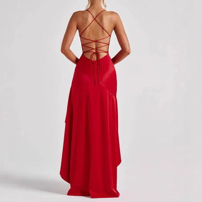 Women's Backless Ruffles Irregular Dress Summer Fashion Evening Party Club Split Suspender Maxi Dresses Clothing - Nadastore