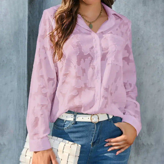 Womens Casual Sheer Button Down Shirts Long Sleeve V Neck Jacquard Blouses Tops null