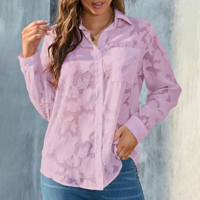 Womens Casual Sheer Button Down Shirts Long Sleeve V Neck Jacquard Blouses Tops null