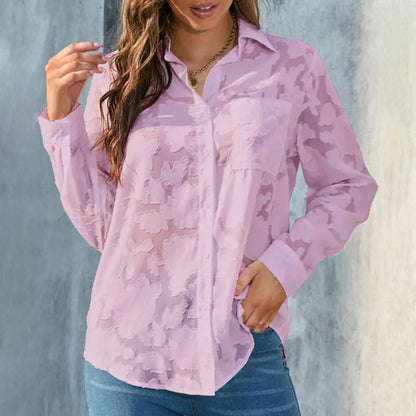 Womens Casual Sheer Button Down Shirts Long Sleeve V Neck Jacquard Blouses Tops null