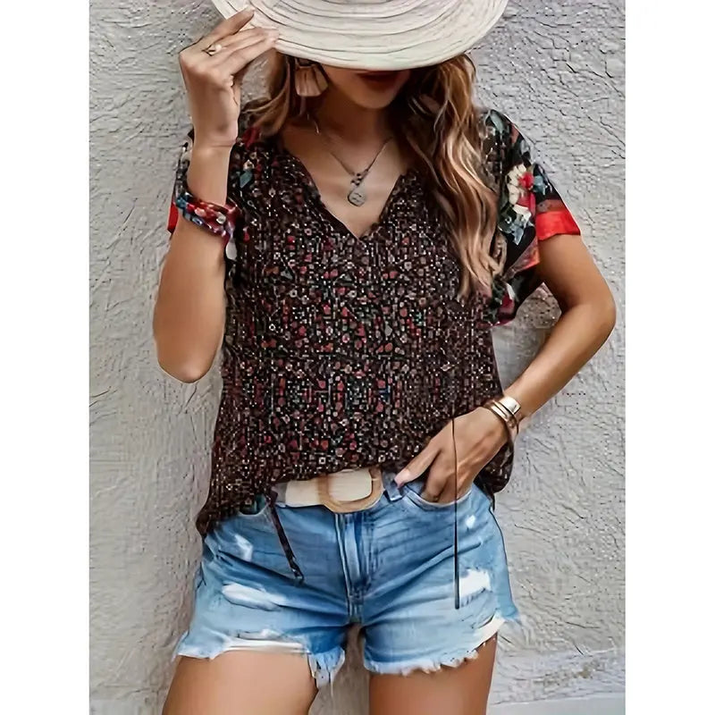 Women's Casual Short Sleeve Shirts Summer Boho Printed V Neck Drawstring Tunic Blouses null
