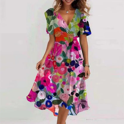 Flowers Printed V-neck Dress Summer A-line Short-sleeved Dresses For Women null