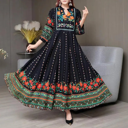 Women's Ethnic Style V-Neck Long Sleeve Dress - Embroidered Floral Pattern A-Line Maxi Dress With Printed Hem Middle Eastern Inspired Fashion null