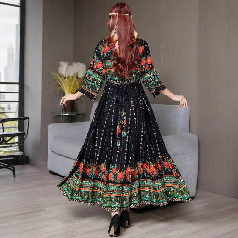 Women's Ethnic Style V-Neck Long Sleeve Dress - Embroidered Floral Pattern A-Line Maxi Dress With Printed Hem Middle Eastern Inspired Fashion null