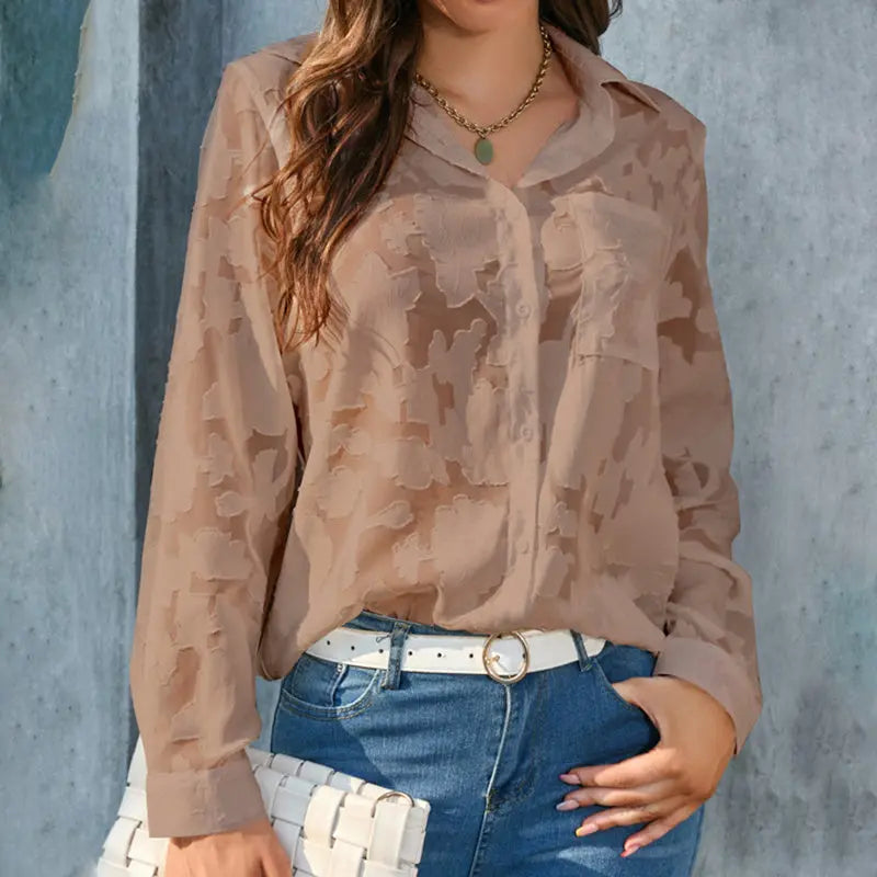 Womens Casual Sheer Button Down Shirts Long Sleeve V Neck Jacquard Blouses Tops null