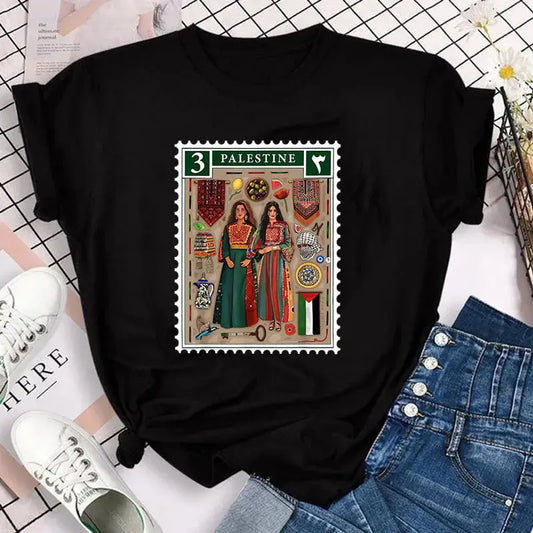 Harajuku Palestine Stamp Retro Plus Size T-shirt Women Vinta - Nadastore Harajuku Palestine Stamp Retro Plus Size T-shirt Women Vinta