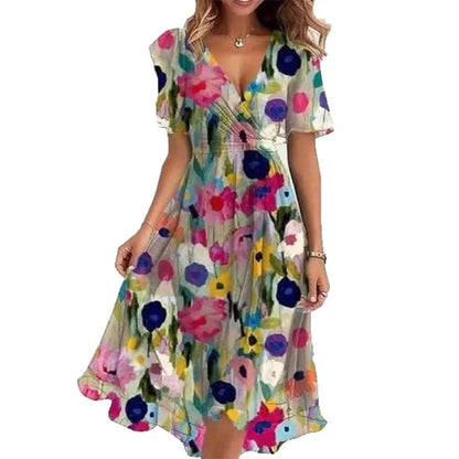 Flowers Printed V-neck Dress Summer A-line Short-sleeved Dresses For Women null