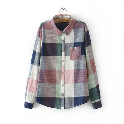 asual Plaid Women Blouses Kimono Vintage Linen Cotton Long Sleeve Blouse Female Shirts Tops null