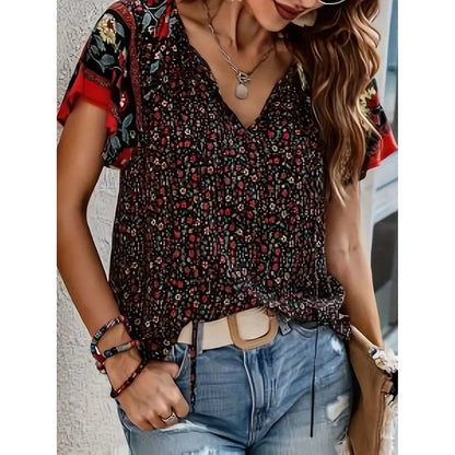 Women's Casual Short Sleeve Shirts Summer Boho Printed V Neck Drawstring Tunic Blouses null