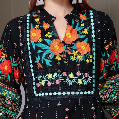 Women's Ethnic Style V-Neck Long Sleeve Dress - Embroidered Floral Pattern A-Line Maxi Dress With Printed Hem Middle Eastern Inspired Fashion null