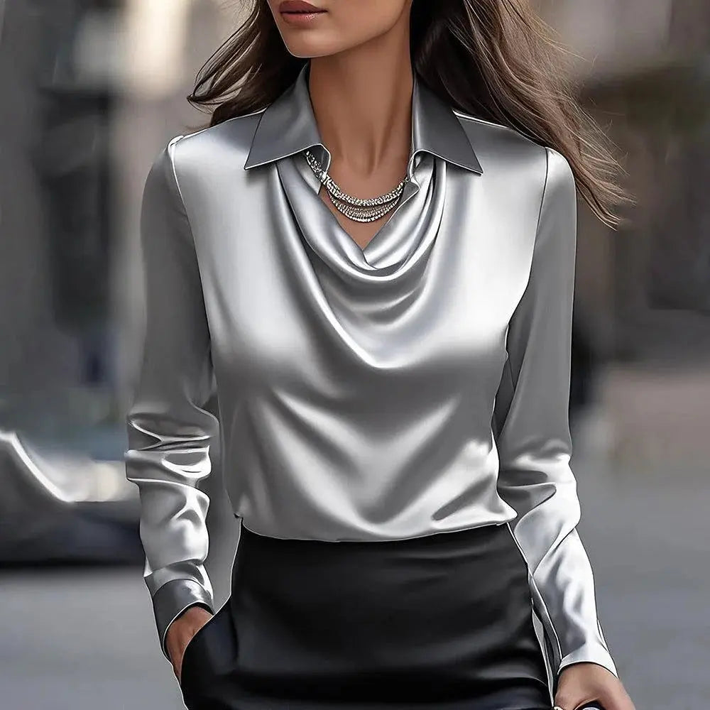 Women's Swing Collar Draped Shirts & Blouses Elegant Solid Satin Office Ladies Top null