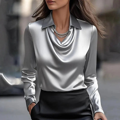 Women's Swing Collar Draped Shirts & Blouses Elegant Solid Satin Office Ladies Top null