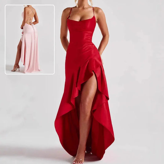 Women's Backless Ruffles Irregular Dress Summer Fashion Evening Party Club Split Suspender Maxi Dresses Clothing - Nadastore