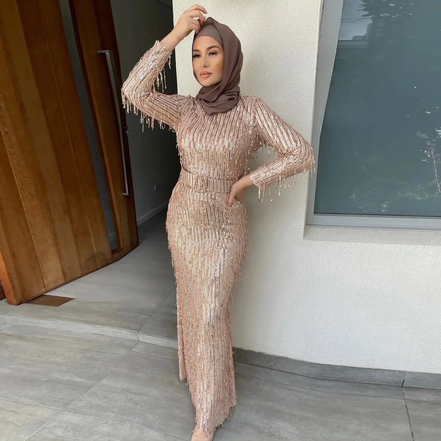 Sequin Tassels Slim-fit Dress Muslim Dress null
