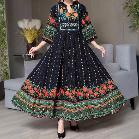 Women's Ethnic Style V-Neck Long Sleeve Dress - Embroidered Floral Pattern A-Line Maxi Dress With Printed Hem Middle Eastern Inspired Fashion null