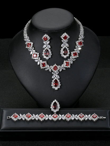 European And American Luxury Zircon Necklace Earring Bracelet Ring Suit null