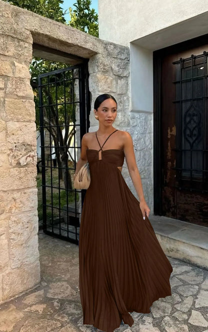 Ins Pleated Sleeveless Sling Dress Hollow High Waist Halter Robe Dresses For Evening Party Club Clothing Women null