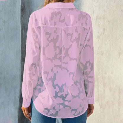 Womens Casual Sheer Button Down Shirts Long Sleeve V Neck Jacquard Blouses Tops null