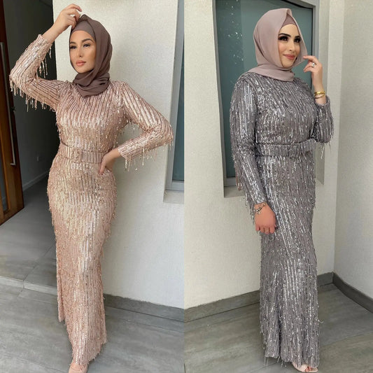 Sequin Tassels Slim-fit Dress Muslim Dress null