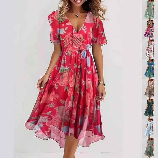 Flowers Printed V-neck Dress Summer A-line Short-sleeved Dresses For Women null