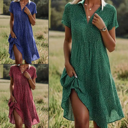 Summer Polka Dot Print Dress Fashion Casual V-Neck Short Sleeve Dresses Beach Daily Clothing For Women - Nadastore