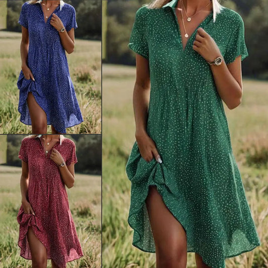 Summer Polka Dot Print Dress Fashion Casual V-Neck Short Sleeve Dresses Beach Daily Clothing For Women - Nadastore