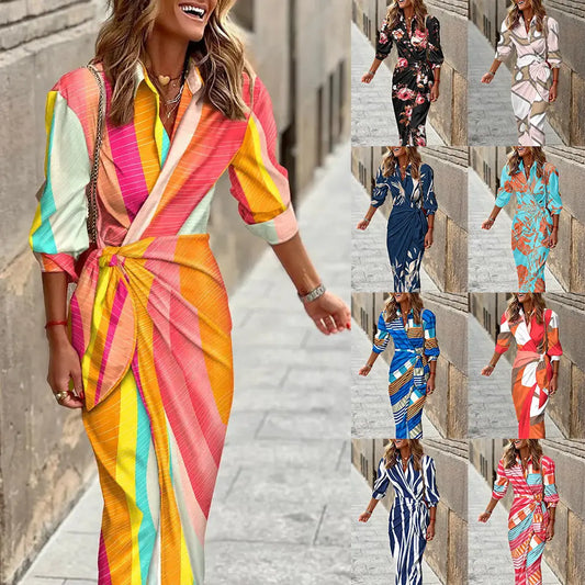 Fashion Printed Shirt Dress With Belt Slim Fit Three-quarter Sleeve Lapel Dress For Women Clothing - Nadastore Fashion Printed Shirt Dress With Belt Slim Fit Three-quarter Sleeve Lapel Dress For Women Clothing