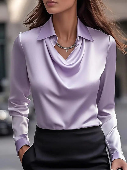 Women's Swing Collar Draped Shirts & Blouses Elegant Solid Satin Office Ladies Top null