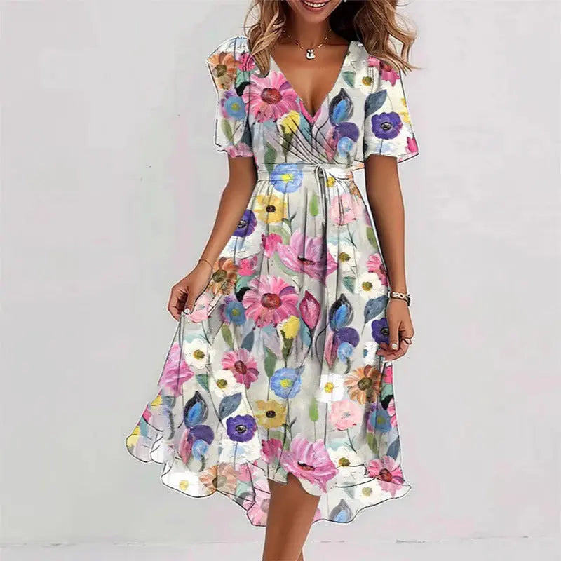 Flowers Printed V-neck Dress Summer A-line Short-sleeved Dresses For Women null