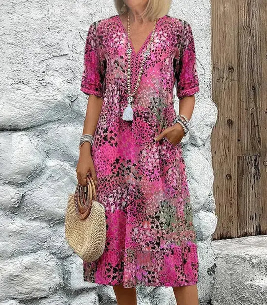 Summer V-neck Half-sleeved Dress With Pockets Fashion Ethnic Print Dresses Beach Holiday Clothing For Women - Nadastore