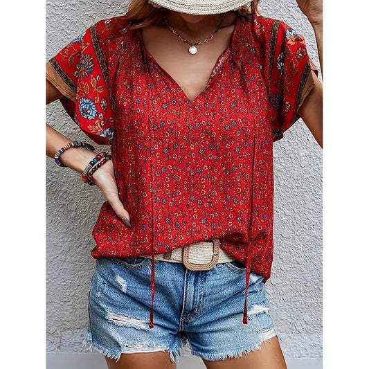 Women's Casual Short Sleeve Shirts Summer Boho Printed V Neck Drawstring Tunic Blouses null